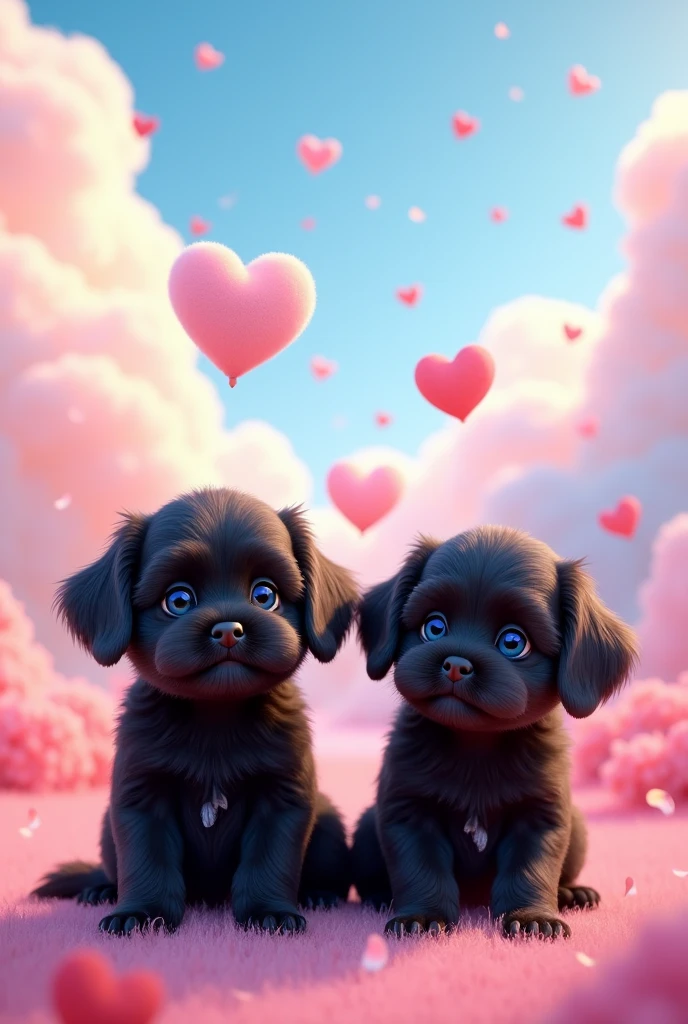 2 adorable black shih zu puppies, bright blue eyes「Pink and blue fantastic sky、Heart shaped cloud floating、Calm digital art」
- 「Heart-shaped clouds floating in a pastel-colored sky、Petals fluttering around、Dreamy landscape」4K --- Expressed like this、You can instruct the image generation AI。3D Pixar style