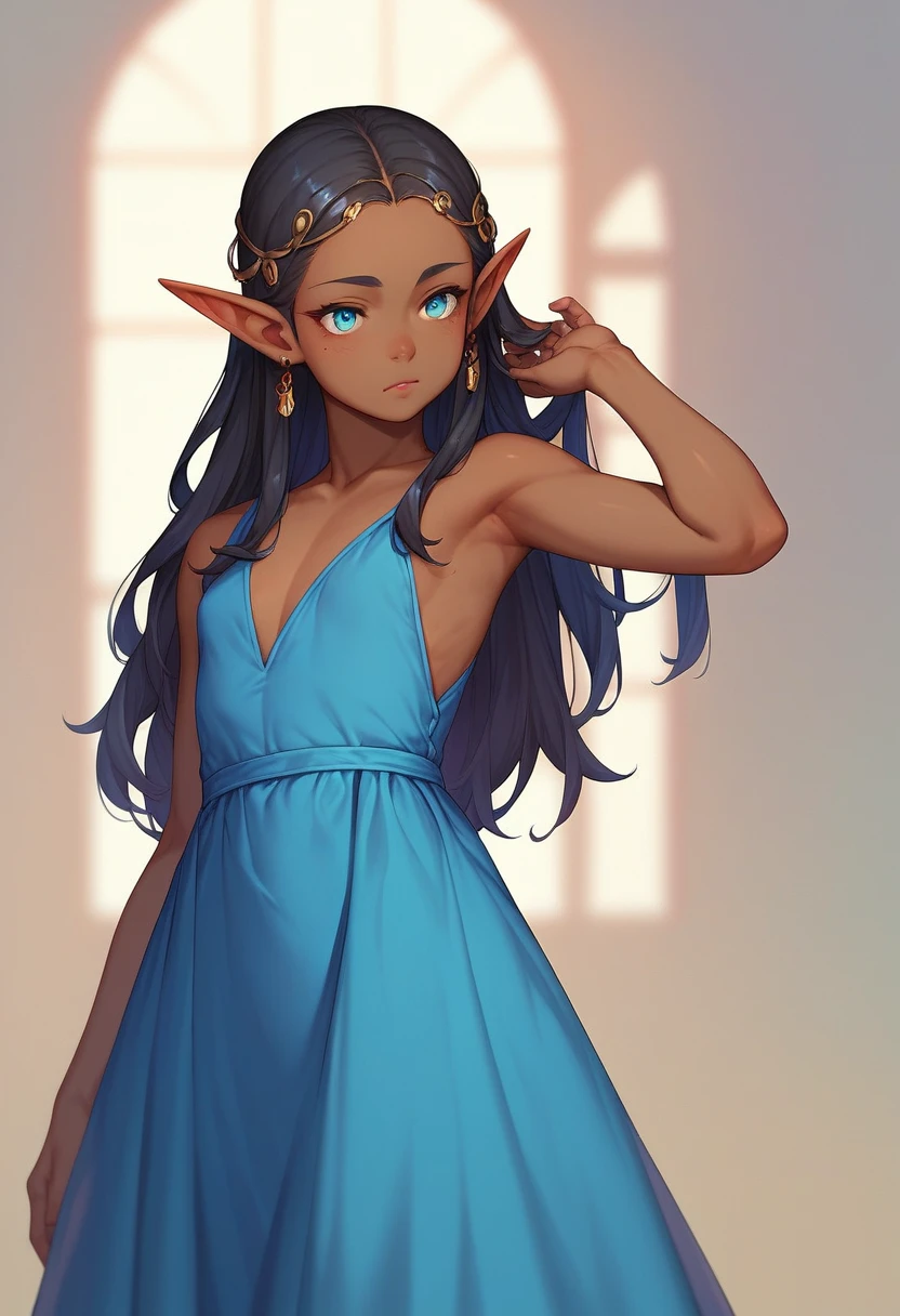 Anime dark skin elf female child with long black hair with a black and blue dress