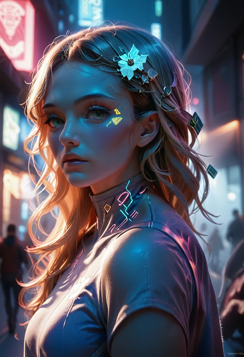 Wearing intricate cyberpunk streetwear, Beautiful, girl, detailed portrait, 4 thousand., bright colors, conceptual art, cinematic dramatic atmosphere, Sharp Focus, Volumetric lighting, cinematic lighting, studio quality