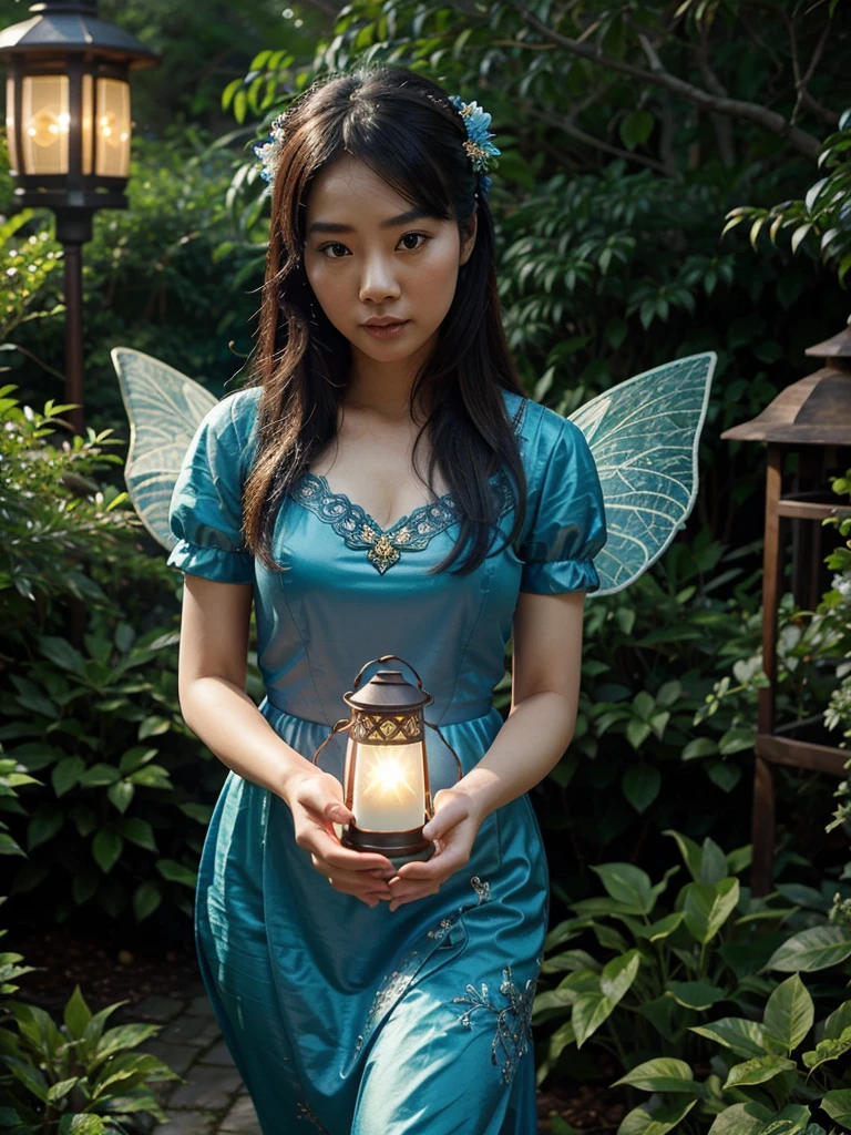 a asian woman, graceful face. as the fairy. flying around at enchanting garden while her hand carrying a lantern emitting blues hue. dreamlike, Very detailed, ornate detail