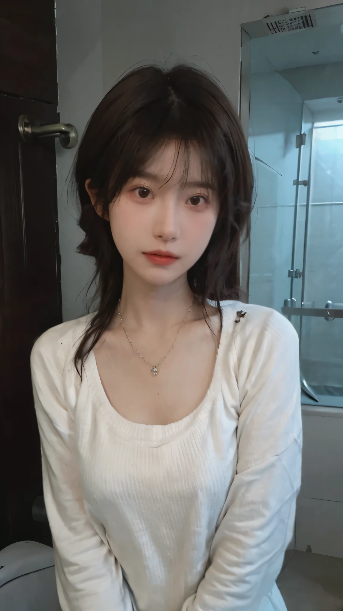 Best quality,Ultra-high resolution,(Realism:1.4),Cute hairpins,Baoyu Girl,1 Girl,Red short sweater,Beautiful woman with a slim figure:1.4,Abdominal muscles:1.1,(Brown hair,Mid-chest:1.3),bathroom,Super delicate face,Exquisite eyes,Double eyelids,make faces,necklace