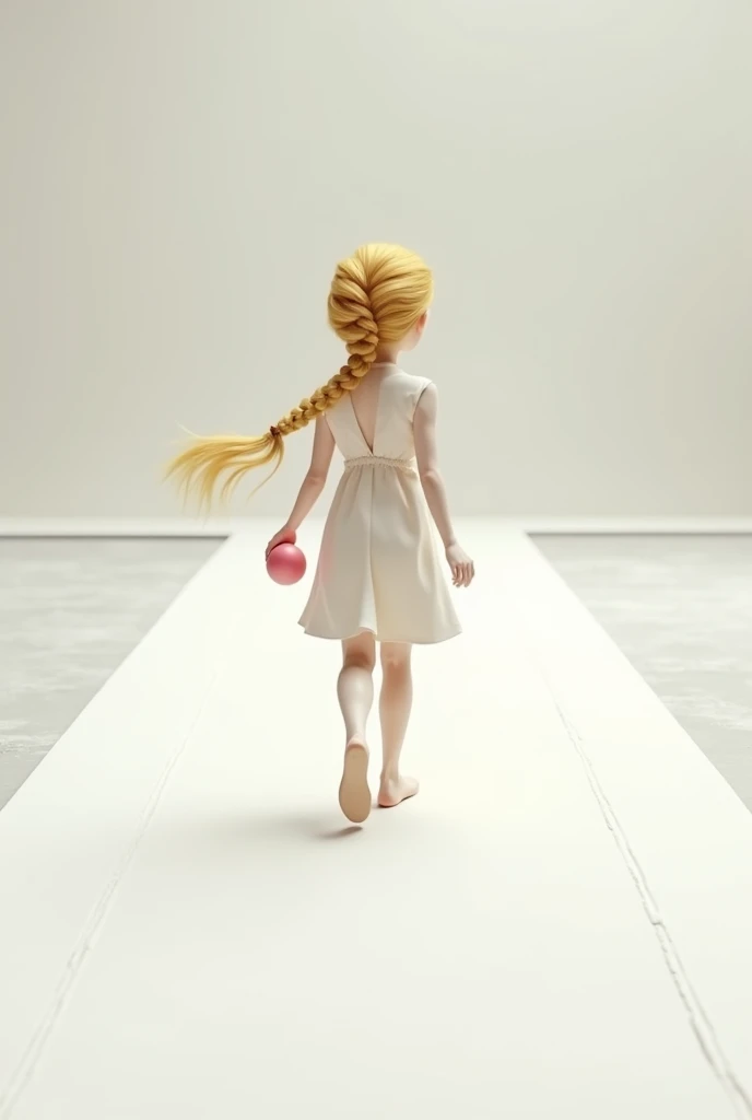 with blonde hair in braids walking in a straight line on a chalk runway while holding a small pink ball