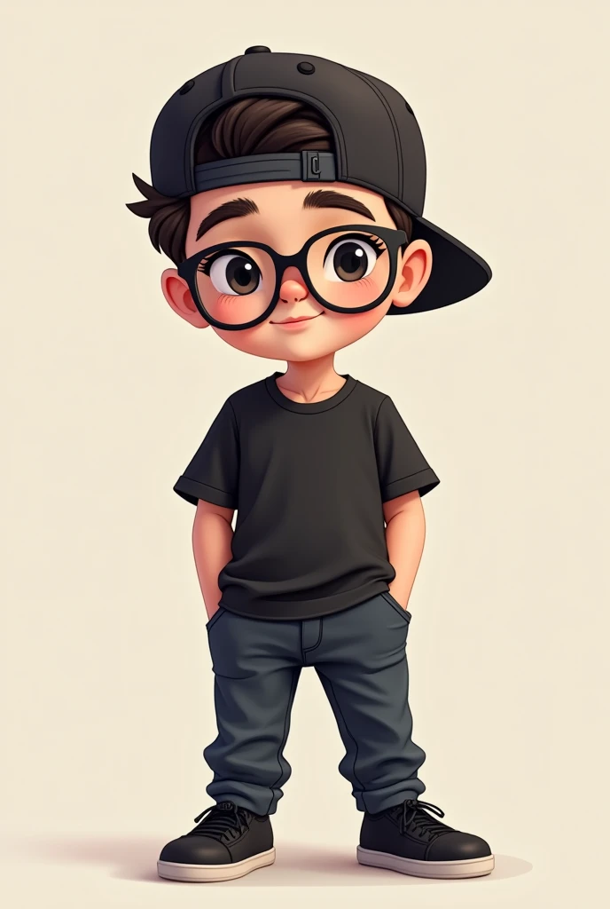 Chibi smiling cool guy with black shirt, pants and shoes, eye glasses and reversed cap