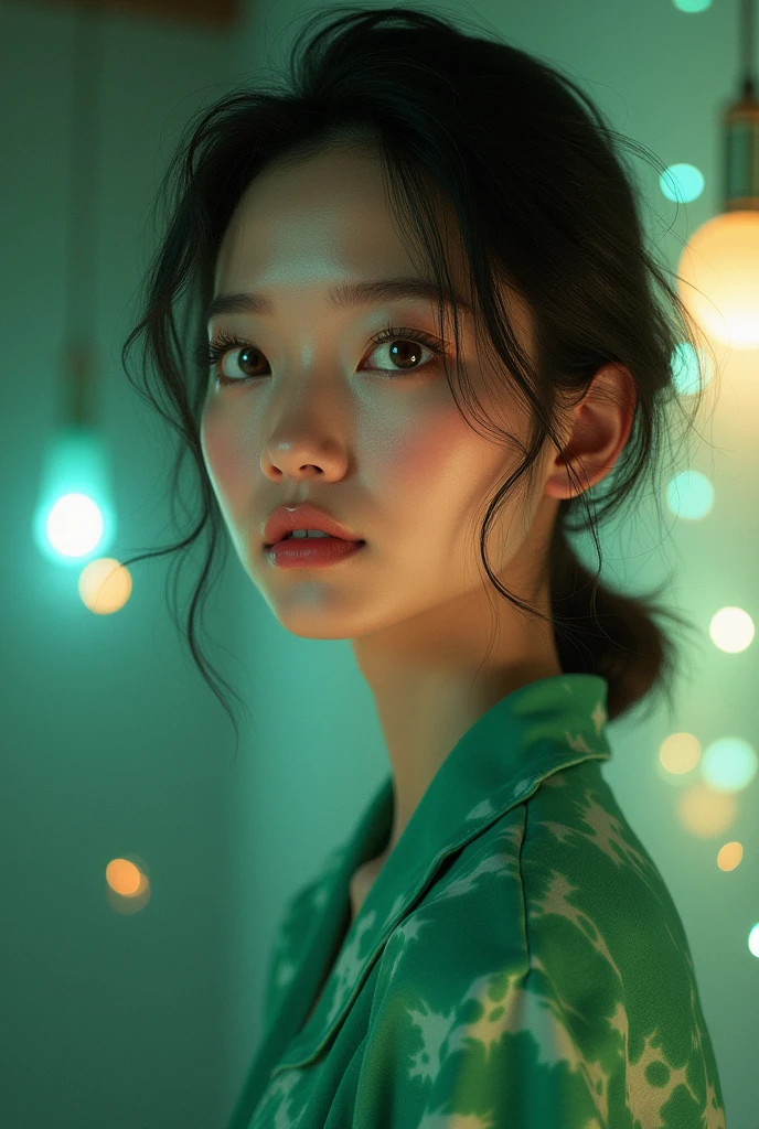 Request a picture of an Asian woman wearing small earrings, with blurred lights in the background, a green shirt with a tie-dye pattern.