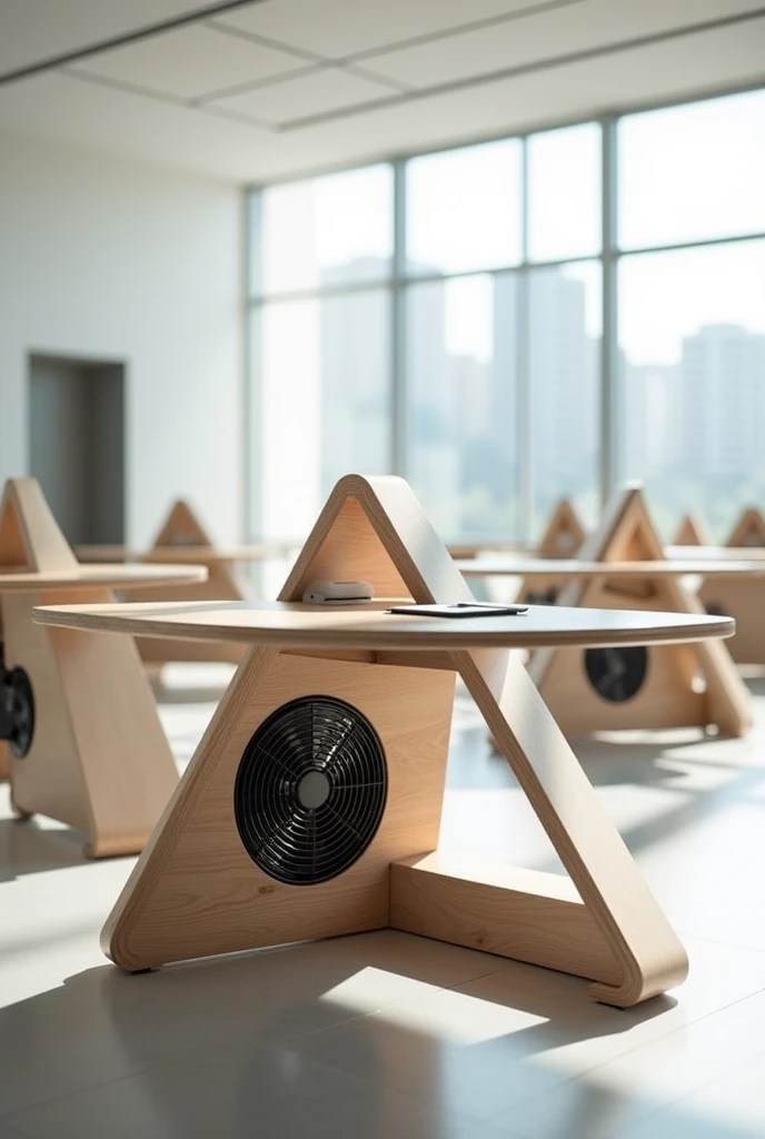 triangular-shaped table with a fan below, also add any features for students