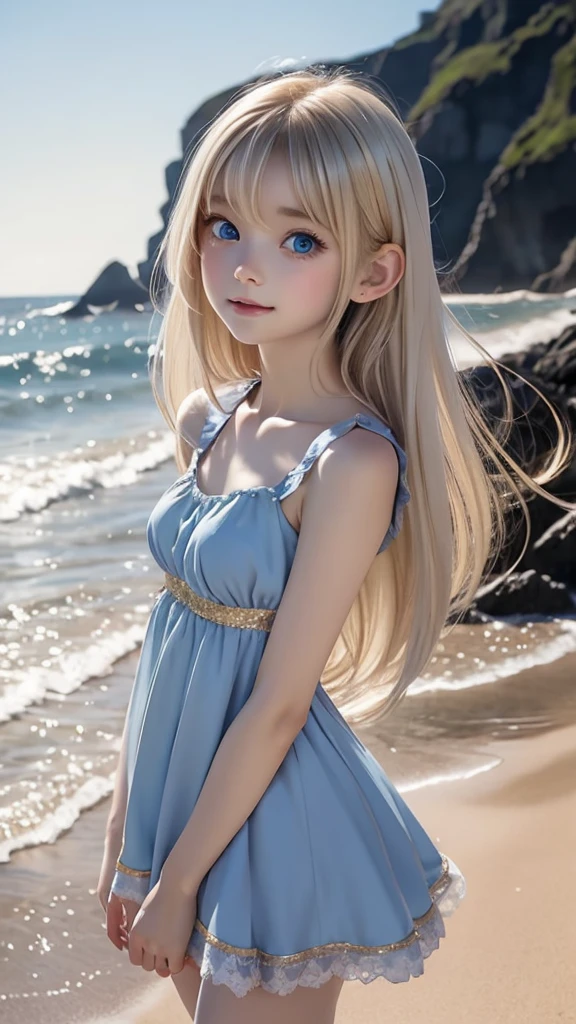 Late 20s European woman、Anime-style illustrations。Short stature with a youthful appearance、Fair skin。Short stature with a youthful appearance、Long, bright golden-white hair、Big Blue Eyes。Delicate and slender figure。Wearing a fairy-like elegant dress。Cute expressions and gestures。The background is a sunny beach。(Enjoying the sea up to his knees。)Overall delicate and dreamy atmosphere。High-quality digital art。