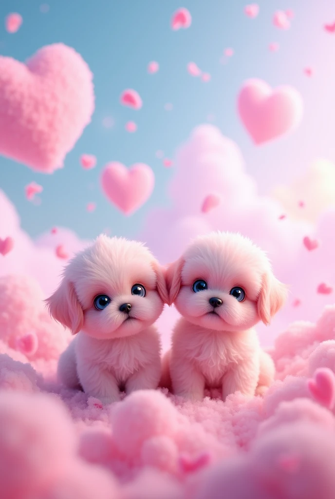 2 adorable pink shih zu puppies, bright blue eyes「Pink and blue fantastic sky、Heart shaped cloud floating、Calm digital art」
- 「Heart-shaped clouds floating in a pastel-colored sky、Petals fluttering around、Dreamy landscape」4K --- Expressed like this、You can instruct the image generation AI。3D Pixar style
