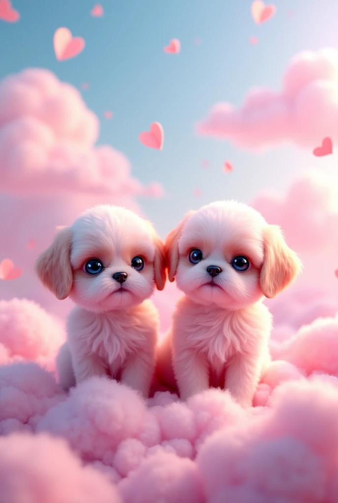 2 adorable pink shih zu puppies, bright blue eyes「Pink and blue fantastic sky、Heart shaped cloud floating、Calm digital art」
- 「Heart-shaped clouds floating in a pastel-colored sky、Petals fluttering around、Dreamy landscape」4K --- Expressed like this、You can instruct the image generation AI。3D Pixar style
