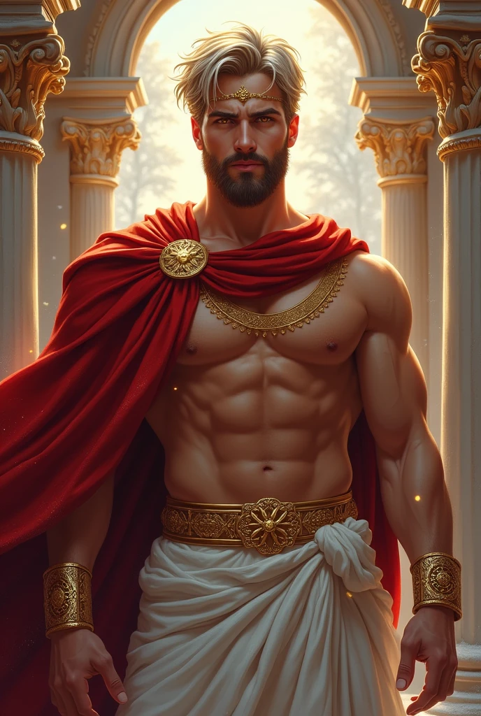 ((artwork)) ((body completo)) ((30 year old man)) body: brownish skin, high, muscular, ((body hair)) ((platinum ruby hair)) male face, barba, beautiful eyes, detailed eyes ((Gold colored eyes)). Expression: Seductive, sonrisa Seductive. CLOTHES: Red Greek Cape, TOGA BLANCA, Gold ornaments, greek prince ornaments. pose: dynamic. scene: greek temple, Greek columns. Decor: winter, decoración de winter brillante, Wonderful lighting.