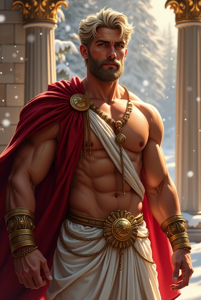 ((artwork)) ((body completo)) ((30 year old man)) body: brownish skin, high, muscular, ((body hair)) ((platinum ruby hair)) male face, barba, beautiful eyes, detailed eyes ((Gold colored eyes)). Expression: Seductive, sonrisa Seductive. CLOTHES: Red Greek Cape, TOGA BLANCA, Gold ornaments, greek prince ornaments. pose: dynamic. scene: greek temple, Greek columns. Decor: winter, decoración de winter brillante, Wonderful lighting.