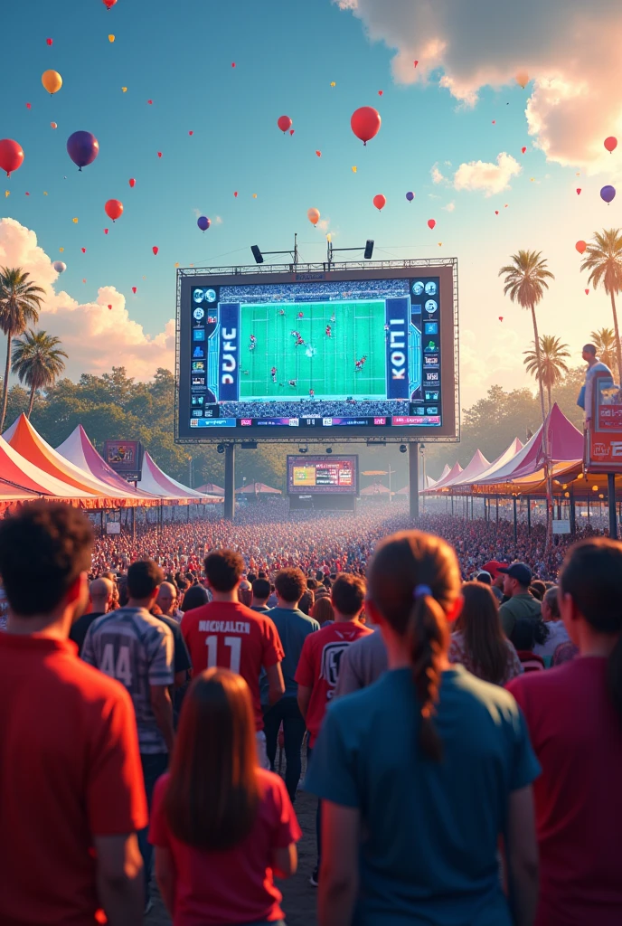 NFL banner with people, watching an NFL game on a big screen at a festival