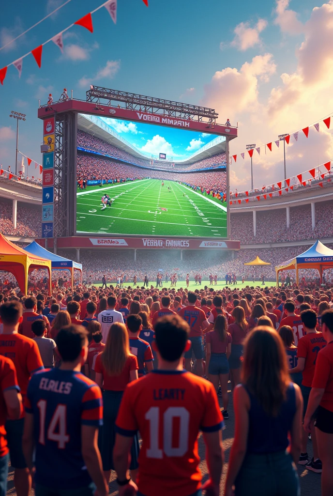 NFL banner with people, watching an NFL game on a big screen at a festival