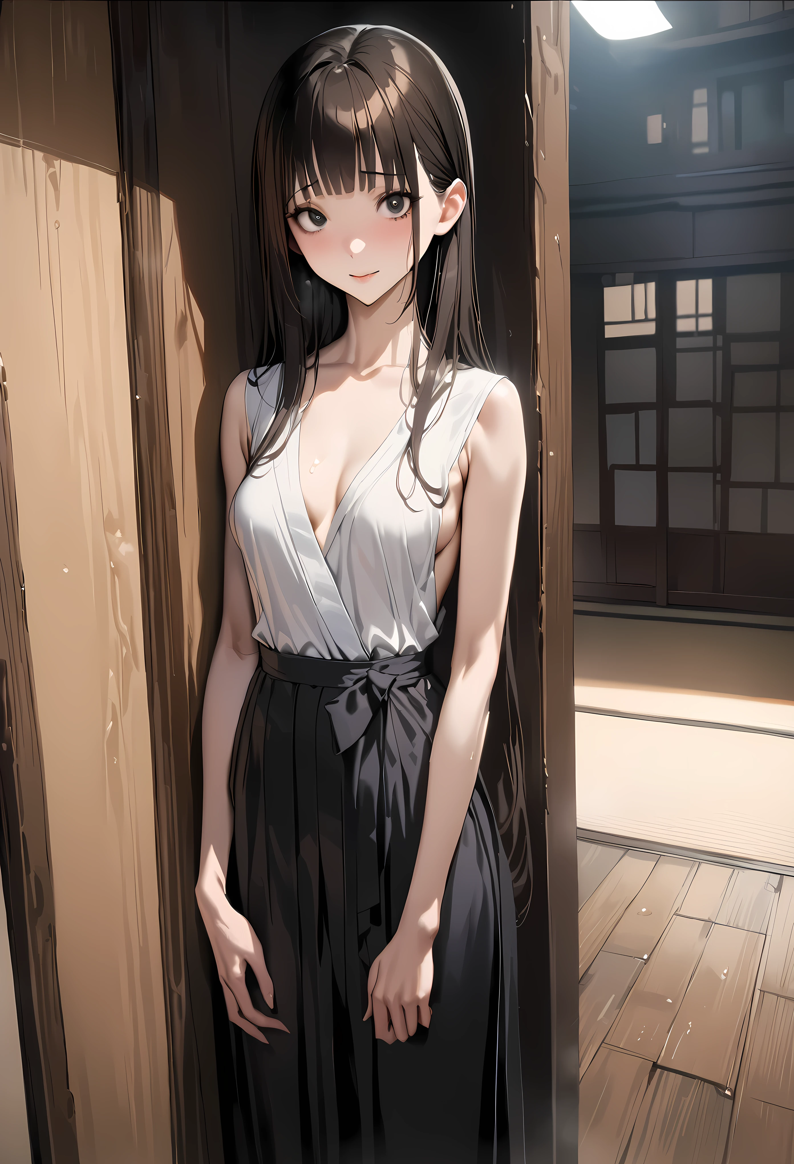((masterpiece,best quality anime,Highest quality:1.3)),realistic,cowboy shot,1woman,(30 year old beauty),((very small head:1.4)),((very long body:1.4)),straight long hair,black hair,(gorgeous big eyes),black eyes,shy,smile,((slender body:1.4,skinny:1.4)),medium breasts,(White kimono、Black hakama),oily skin,gleaming skin,shiny skin,Japanese-style room、Tokyo、