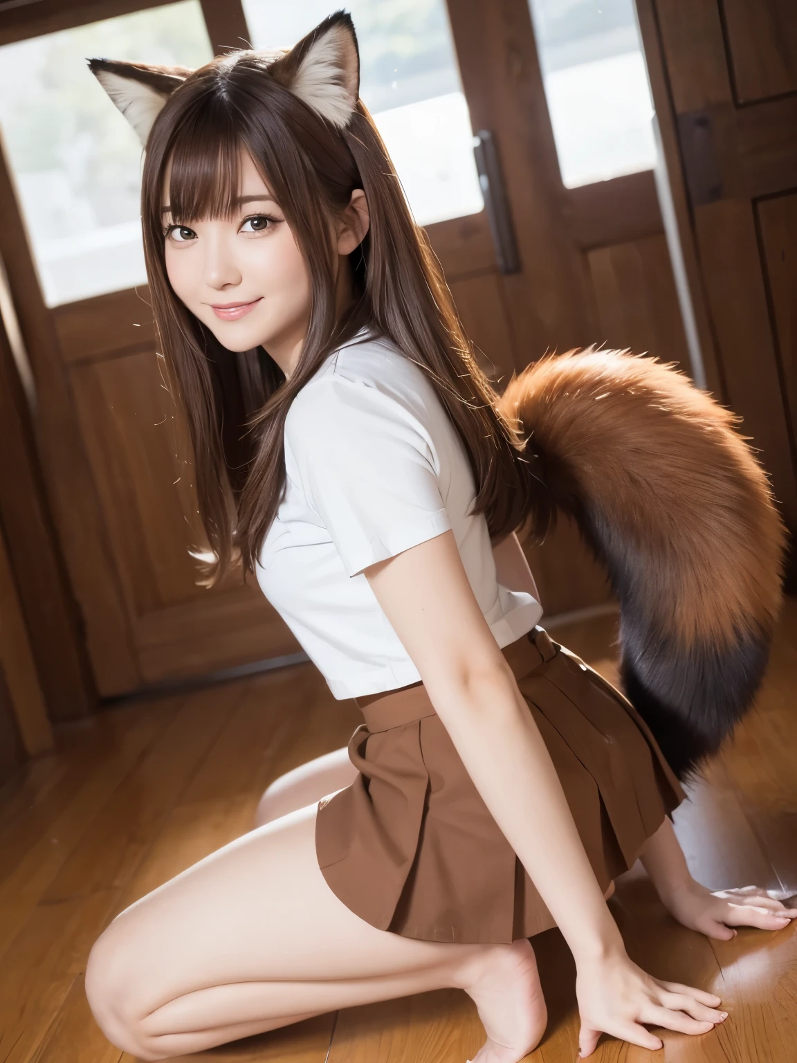 ((Highest quality, 8k)), ((masterpiece)), (Highest Resolution), Perfect Face, Fox Girl, high school girl, Beautiful woman, public, Ending, she has thick thighs, Big tail, She has a reddish-brown fox tail., She wags her tail, smile, she is wearing a short skirt, Beautiful Hips , Small breasts, The skirt is rolled up to the hem, Get on all fours and raise your butt high