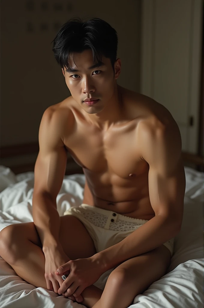 Shy, Korean, hunk man, sitting on the bed, wearing lingerie, looking directly to me