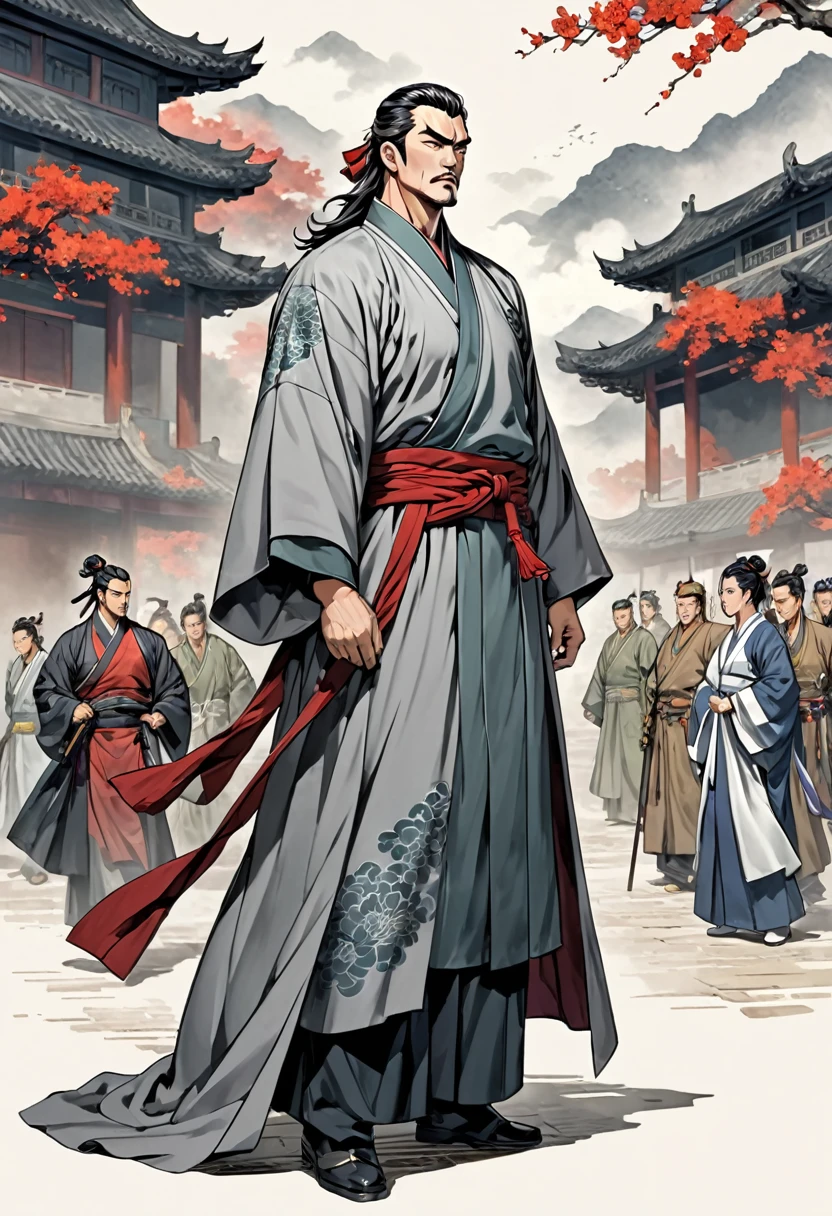 Gray clothes, china, Three Kingdoms Jojo, Long robe, middle aged man, Full body exposed, Looking to the side, Don't turn your head, china 전통 의상, Only one person comes out, Monochromatic clothes