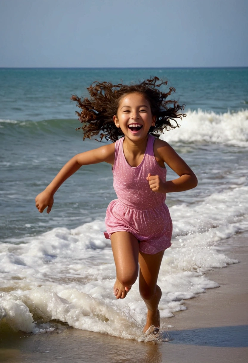 a young girl running and laughing for joyfull, cherrish to wonderful achievement at the sea . Free life and happiness moment.