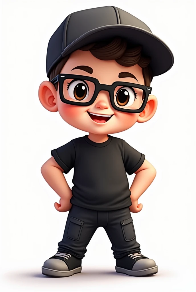 Chibi smiling cool guy with black shirt, pants and shoes, rectangle eye glasses and reversed cap