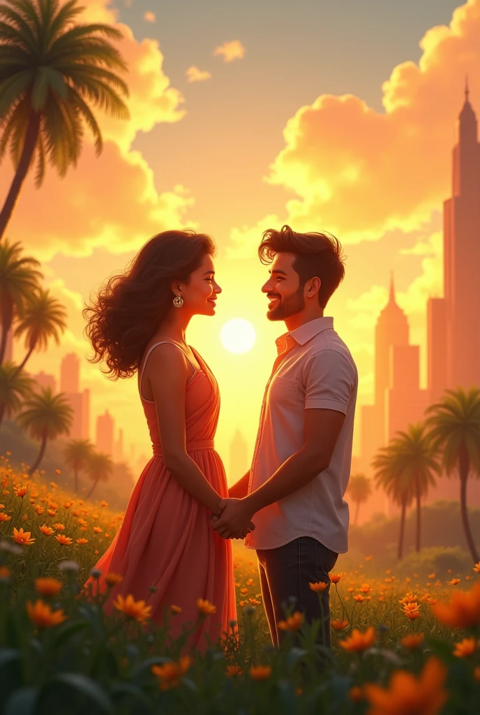 Happy Ending: A heartwarming image of Ravi and Simmi reuniting, smiling at each other, with their dreams achieved and their love winning, standing together in a symbolic place where the city and countryside meet