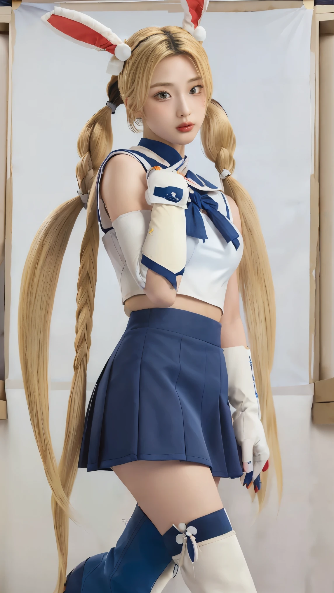 (Masterpiece, best quality:1.2), (realistic, photo-realistic:1.4), raw photos, high resolution, very detailed, complicated details, realistic and sharp details, movie light, Portrait, front photography, (Sailor Moon, Tsukino Usagi, honest:1.2), alone, 1 girl, 1 female idol, (Wearing a senshi sailor suit), (long hair, blonde hair, Double boxing, Twintail:1.6), (elbow gloves, white gloves, Dark blue cover, Low cut skirt, short skirt, darkblue-mini skirt, Red neck squeeze, decorations, red bunny ears, red boots:1.5), (detailed face, Detailed eyes, Beautiful pupils, complicated nose), Pale skin, Fine texture,
background image, outdoor, pavement, daytime,,,[Nagi Inoue]