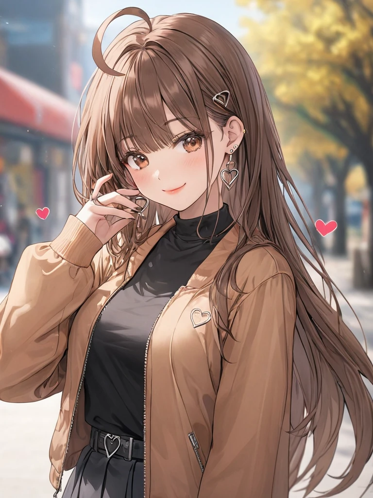 ((masterpiece, best quality)), ultra detailed, very aesthetic, absurdres, One girl, Ahoge, bangs, black skirt, black sweater, Blurred, Blurred background, chest, Brown eyes, Brown Hair, brown Jacket, Mouth closed, Day, Depth of written boundary, Earrings, eyelash, Raise your hand, Tilt your head, Jacket, jewelry, Long Hair, Long sleeve, View Viewer, medium chest, Manicure, Open clothes, open Jacket, Outdoor, Pursed lips, Tucked in shirt, Side Lock, skirt, Sleeves are longer than the wrist, alone, sweater, Upper Body, smile, (text “･･････”, spoken heart), 