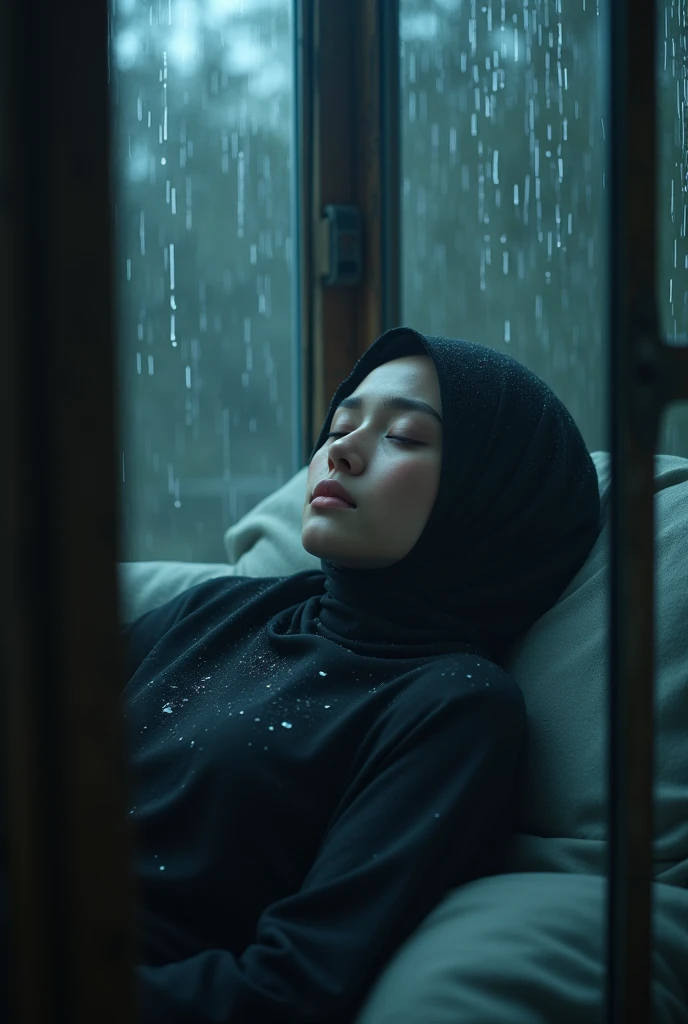 Beautiful woman sleeps, night rain in the glass room, beautiful black hijab woman sleeping in the rain glass window of the room 