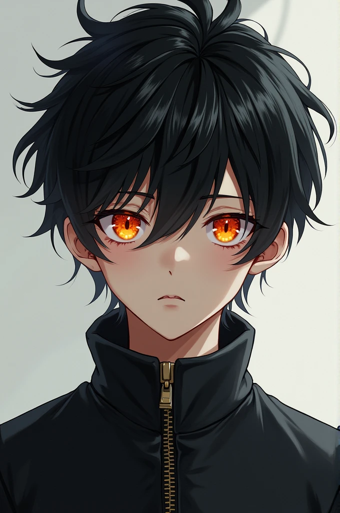 Hair: black
eyes: orange
Gender: male
age: 14