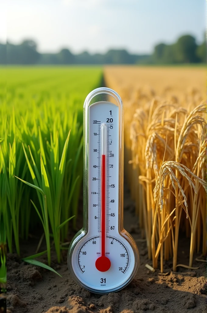 Creer une image separé en deux mais dans UN seul image. A droite une culture de riz pluvial qui seche apres une forte temperature, a gauche une culture de riz pluvial qui reste verte meme apres une forte temperature. Ajouter sur Les deux images a gauche et a droite, une thermometre qui montre une temperature 31°c