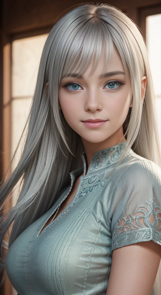 Ultra-detailed and intricate 3D rendering of a beautiful anime character, Beautiful soft studio light, Rim Light, Vivid details,Gorgeous, race, Ultra-realistic, Silver Hair, Ultra-realisticな中世の世界で親密な部分を表現, from front, looking at viewer, Shy Smile, A teenage cute girl, long straight, bangs, Pale, green eyes, uhd, masterpiece, accurate, anatomically correct, beautiful face, perfect face, highly detailed beautiful face and eyes, attractive face, textured skin, super detail, high details, high quality, highres, best quality, 16K