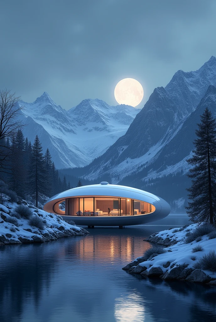 A house beside a river surrounded by snowy mountains and modern look sphere shape of house night time moon reflection on the river made by adobe illustrator more unrealistic