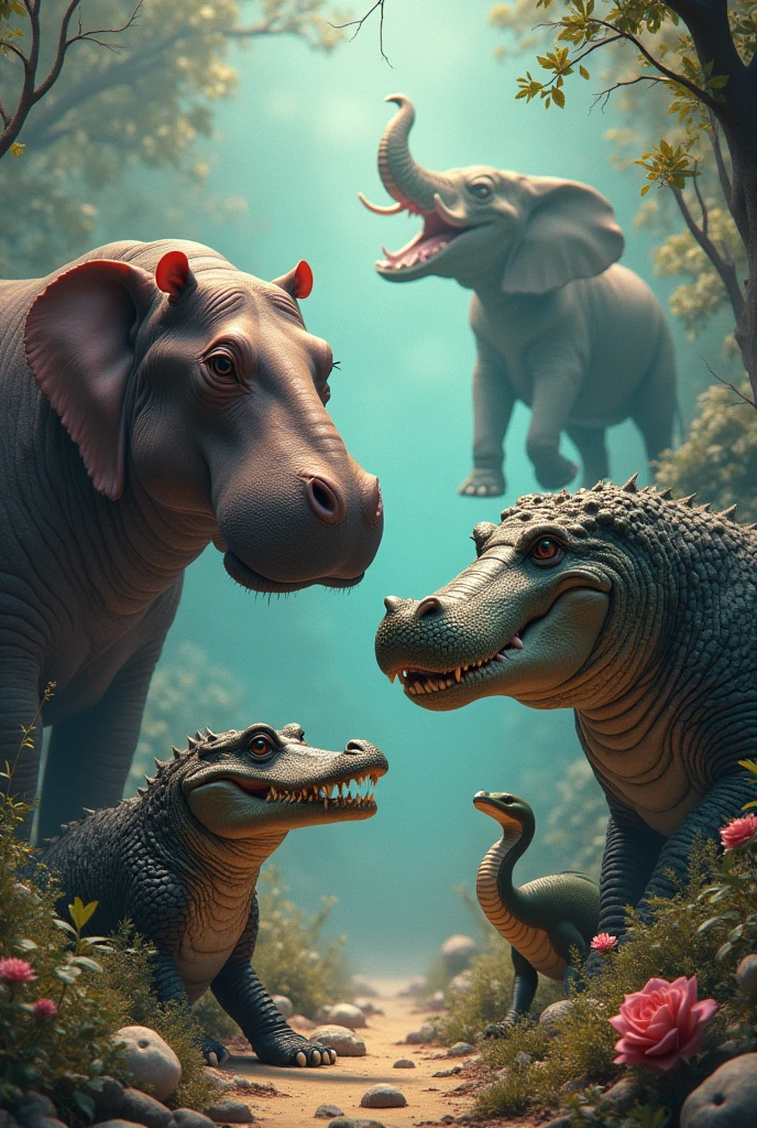 Hippo elephant crocodile snake 