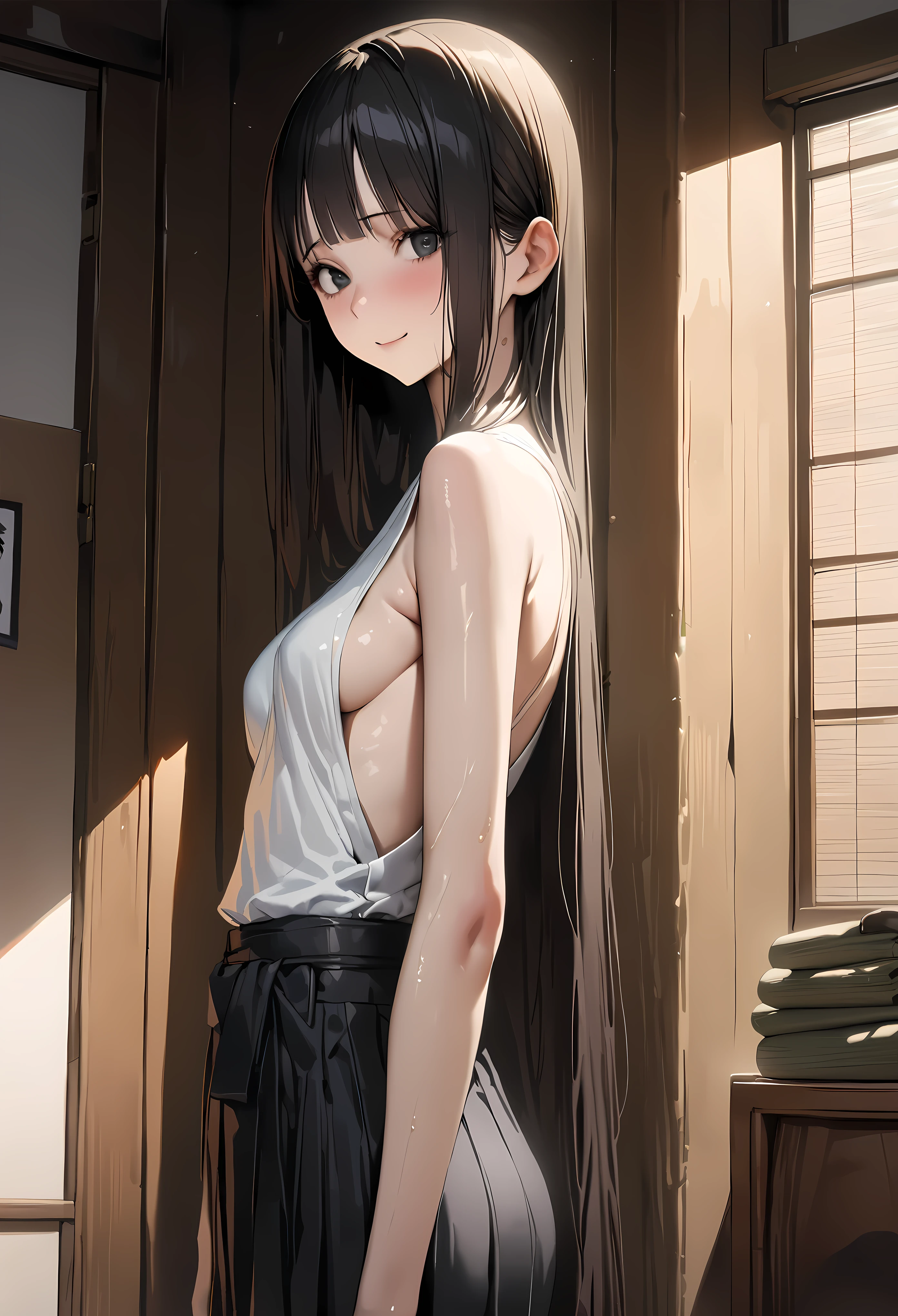 ((masterpiece,best quality anime,Highest quality:1.3)),realistic,cowboy shot,1woman,(2 beauty),((very small head:1.4)),((very long body:1.4)),straight long hair,black hair,(gorgeous big eyes),black eyes,shy,smile,((slender body:1.4,skinny:1.4)),medium breasts,White Kendo uniform、kimono、(Black hakama),oily skin,gleaming skin,shiny skin,Tatami room、Japanese-style room、Tokyo、