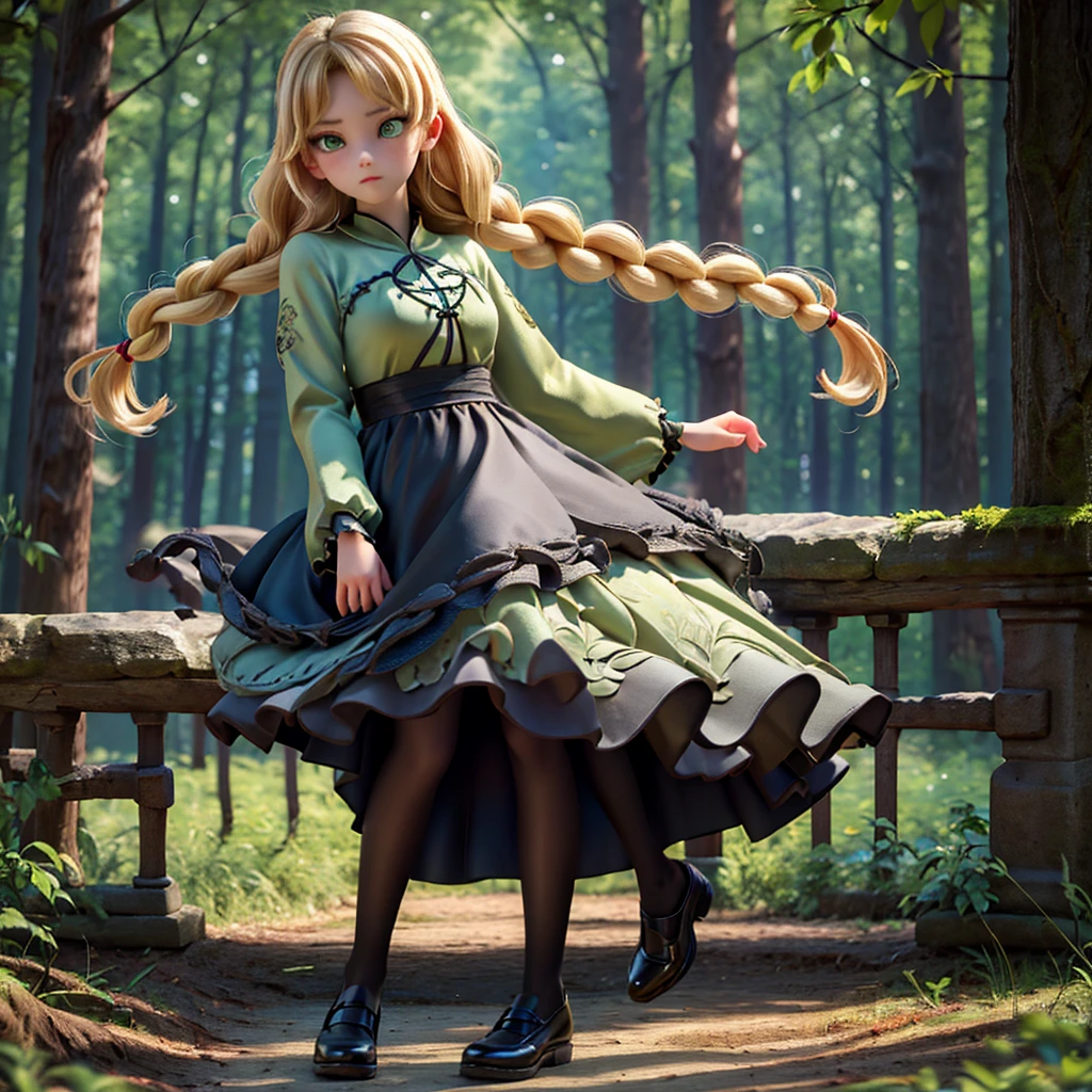 whole body、dress、pantyhose、Black footwear、Blonde、Loose braids、Beautiful Face、Green Eyes、Forest Background、(masterpiece:1.2)、Highest quality、Confused、Highly detailed wallpaper、Perfect lighting、(黒とのdress、length)sleeve:1.1)