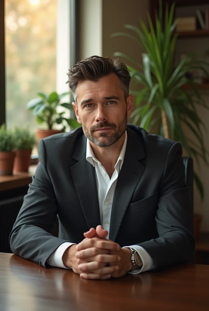 (photorealism:1.2), handsome man in suit, sitting on office table, facing camera in podcast, nice groomed hair, indoors, soft lighting, plants in background, window with sunlight, cozy room, relaxed pose, realistic, intricate details, warm colors