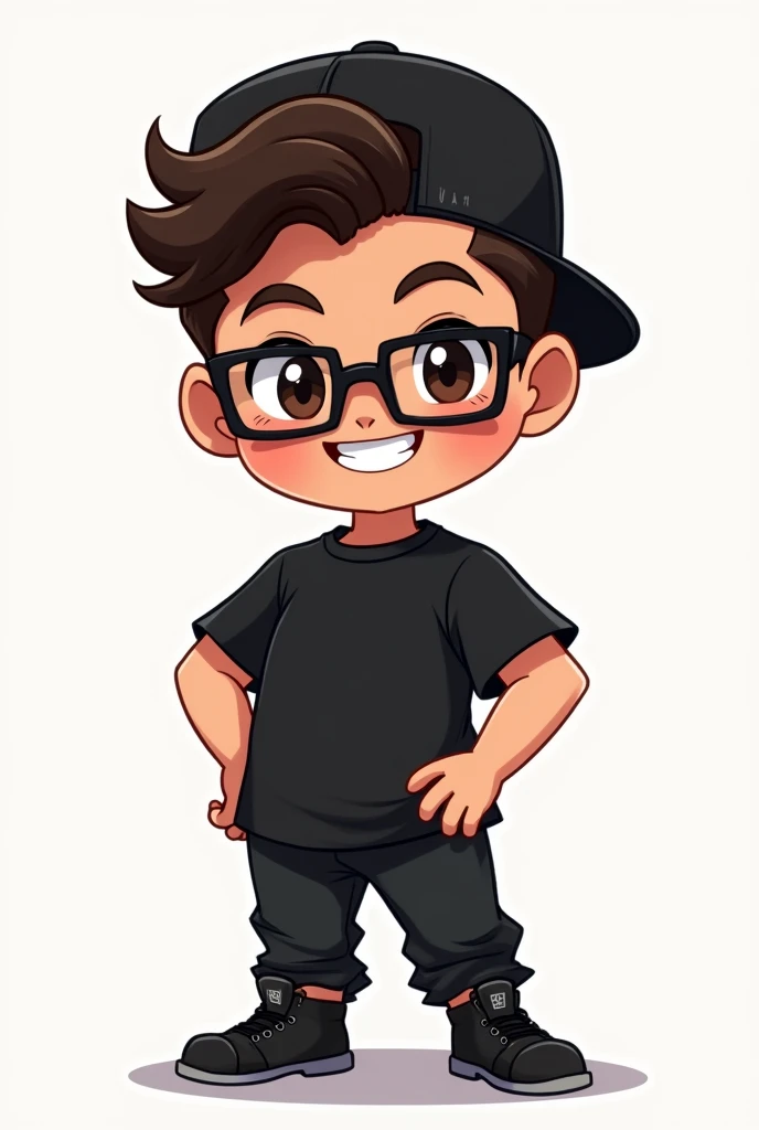 Chibi smiling cool guy with black shirt, pants and shoes, rectangle eye glasses and reversed cap