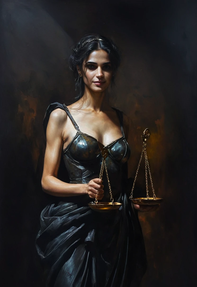 painting of a Themis justice holds scales in her hand, evil grin, dramatic, dark atmosphere, cinematic scene, volumetric lights, ultra realistic, in the style of nicola samori