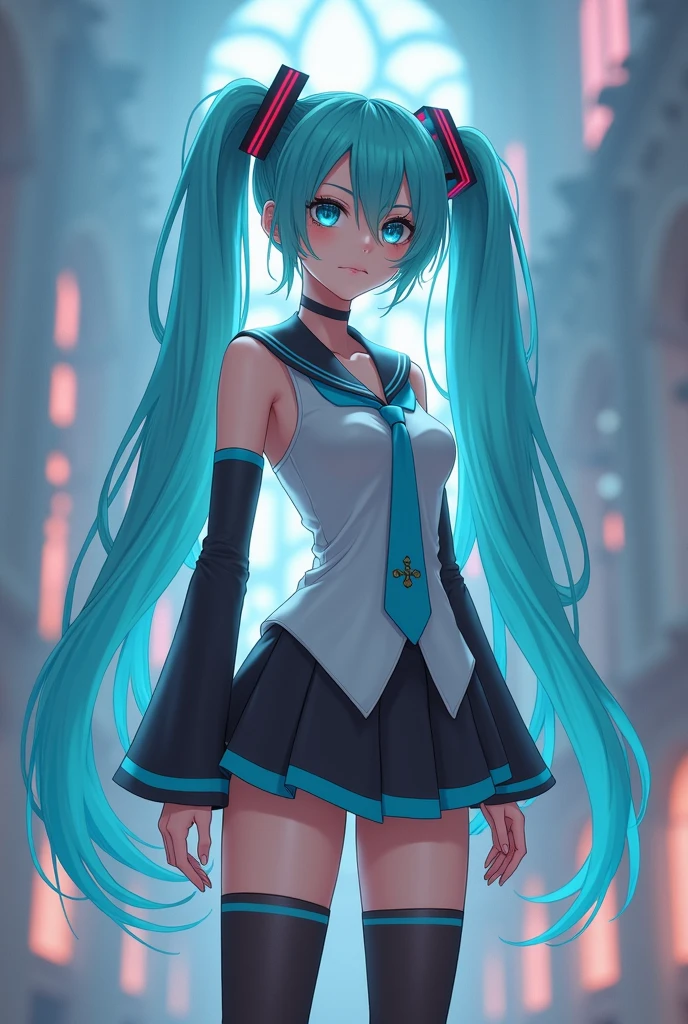 Hatsune Miku genius cosplayer girl, complex detail Highly Detailed Eyes, fade, Japanese high school sailor uniform, ,(Ruined dungeon ruins background stained glass background:1.4 ), 16k resolution, Raw, Nikon Z9, Creative, masterpiece, fantasy, HD, high quality, 8K, Practical, Dramatic Lighting, Soft Focus, Digital Illustration, complex的机制, Advanced Technology, Dark background movie, High contrast, High contrast Atmosphere, (best quality, 4K, 8K, HD, masterpiece: 1. 2), Extremely detailed, (Practical, Image, PhotoPractical: 1. 4) -- No glass -- AR 16:9 -- Stylization 1000, high quality, (Raw photo, best quality), (Practical, photoPractical: 1.4), (Extremely refined: 1.4), Astonishing, Fine details, masterpiece, Extremely detailed, high resolution, Best Illustration, Best shadow, complex, ( extremely complex: 1.2), (Delicate and fine skin), Movie Lighting, Perfect anatomical structure, (Cool colors: 1.4), Clear focus, 8K UHD, Digital SLR Camera, (Fuji XT3),(American Posture :1.4), (bust :1.4) 