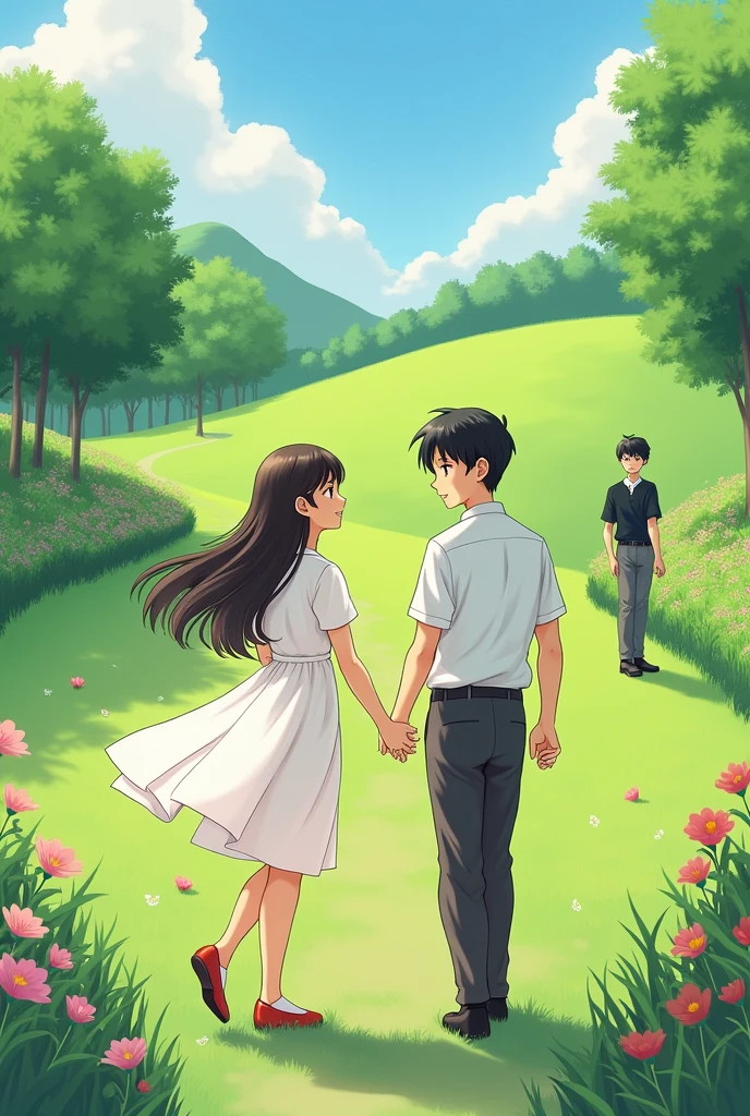 A girl in a white dress holding hands with a boy in a white shirt, There was a guy in a black shirt standing watching from afar.. Drawings based on manhua. Scenery in the grasslands, school garden youth 