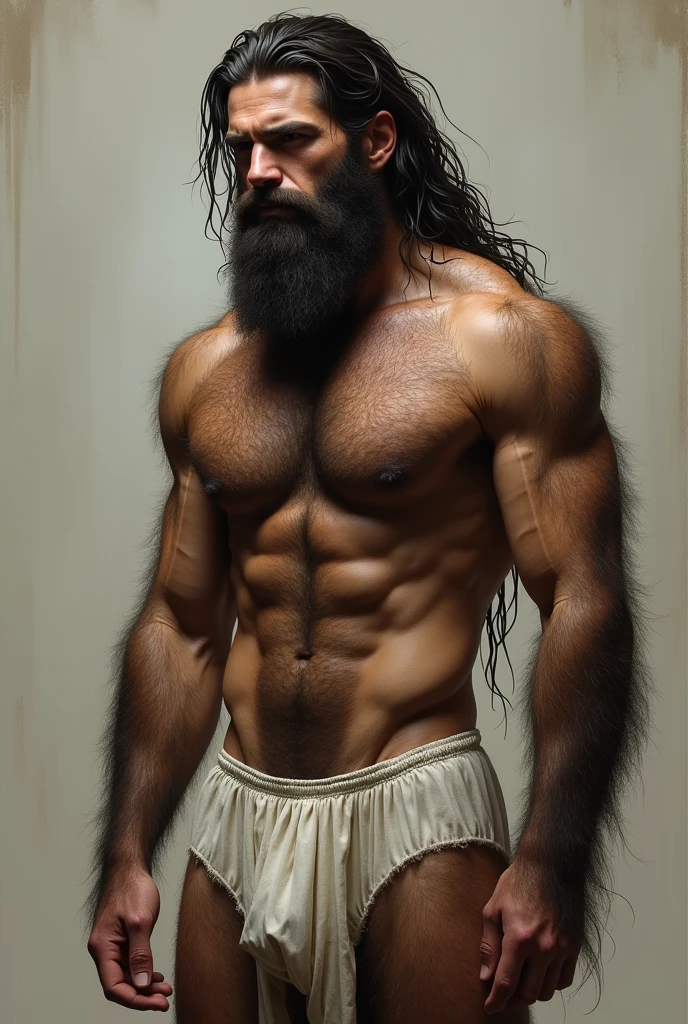 A naked man in white underwear showing off his underwear, partially male hairy torso, hairy chest and hairy body, very hairy bodies, sparse chest hair, hairy torso, hairy bodies, hairy chest, full human hairy body, wet hairy bodies, hairy body, very hairy, bare hairy chest, fluffy chest, white loincloth