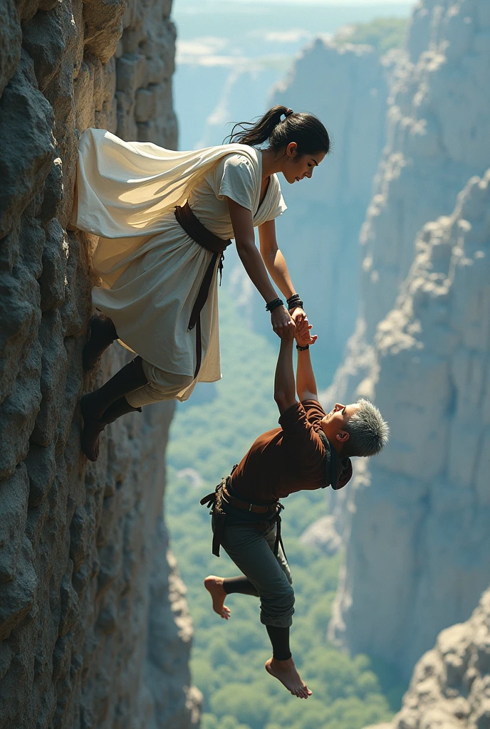A white-clothed female warrior holds hands with a gray-haired young man hanging from a cliff face. Realistic, real-life performance.