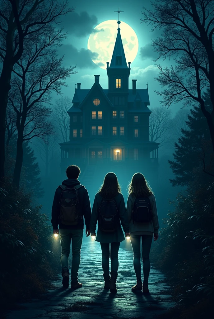 *Walking Toward the Mansion**: - The three friends walking on a narrow path towards the haunted mansion at night. - They are equipped with flashlights and a few essential items. - The atmosphere is tense, with a cold breeze, rustling leaves, and shadows from the trees creating a chilling ambiance.