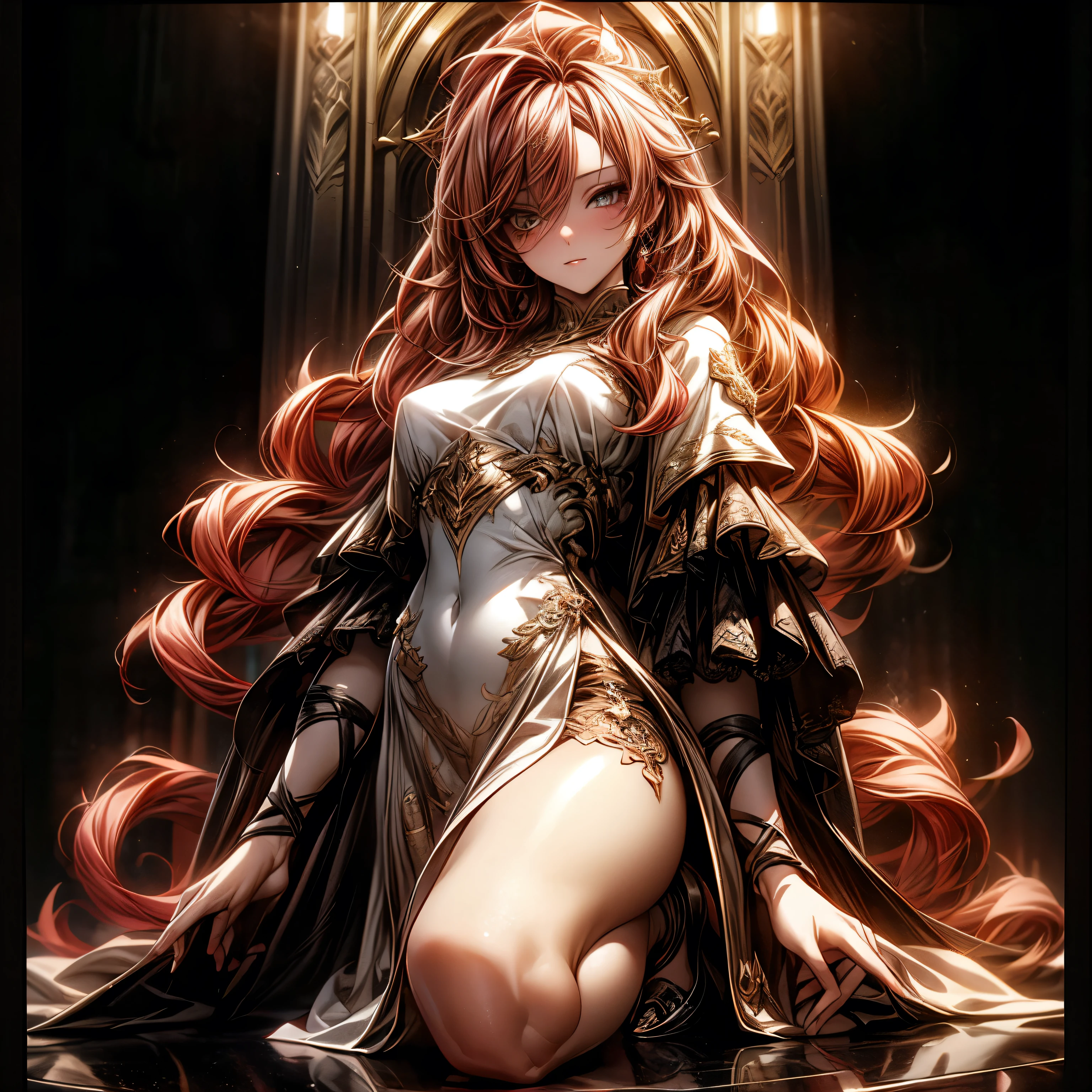 (best quality)), ((Masterpiece)), (details:1.4), 3d, HDR (high dynamic range), an image of a beautiful cyberpunk female, Medieval, Red hair, Long hair, Full body, Beautiful white eyes, จมูกโด่ง, ปากแดง, หน้าอกใหญ่, nvidia RTX, PBR surface, After processing, Anisotropic filtration,depth of field, Maximum clarity and clarity, multi-layered surface, Subsurface scattering, perfect proportions, 8K raw files, ultra detailed, Perfect proportions, volumetric lighting, soft lighting, Holy Knight, Heavy Silver Armor, Golden dress, glossy skin, intricate Golden embroidery, Village background, jewely, ต่างหู, นิ้วมือสมบูรณ์,