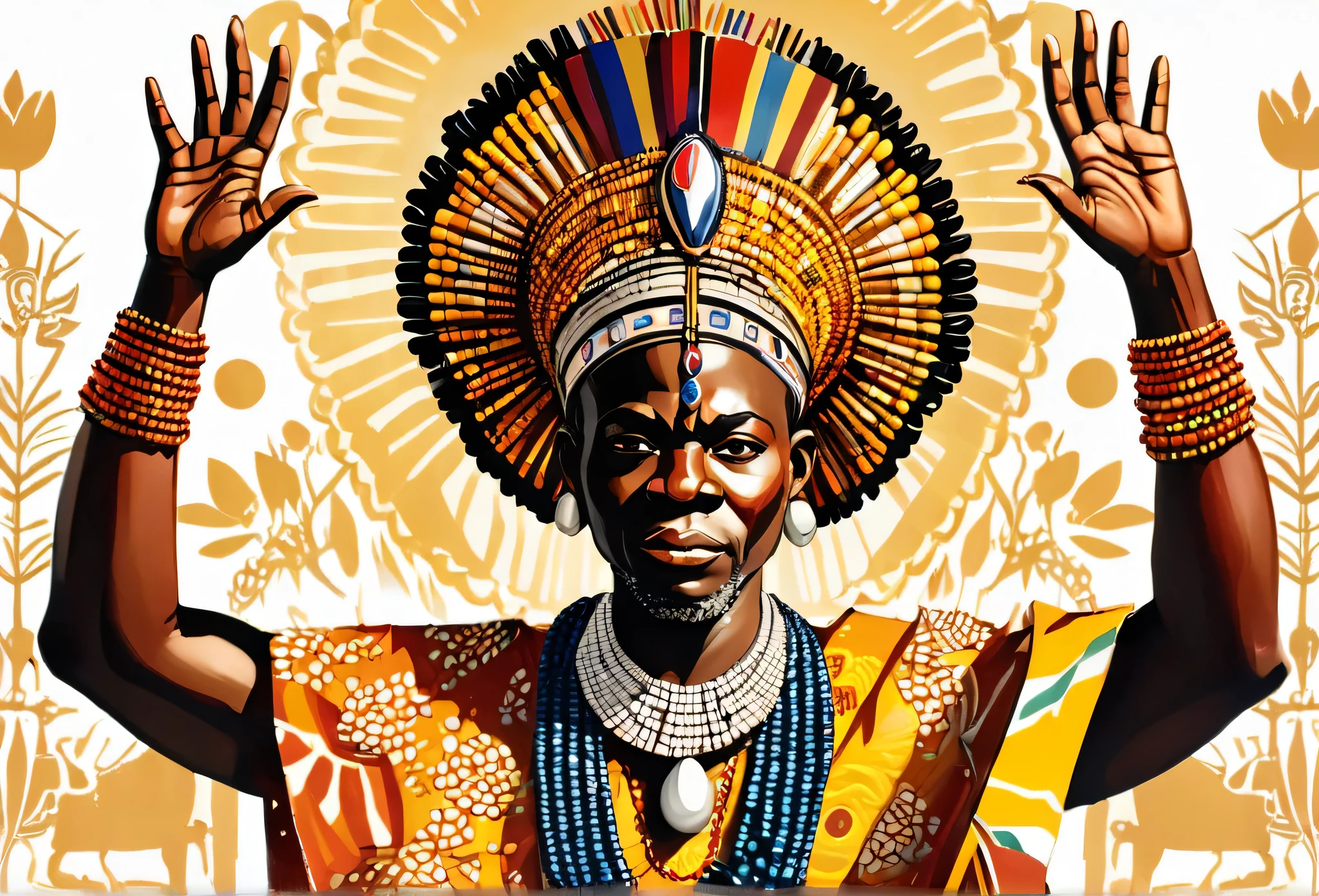 An itsekiri king, with two hands up,  wearing bead necklace. 
African (masterpiece best quality:1.2) delicate illustration ultra-detailed, illustrations, bright, colourful, 