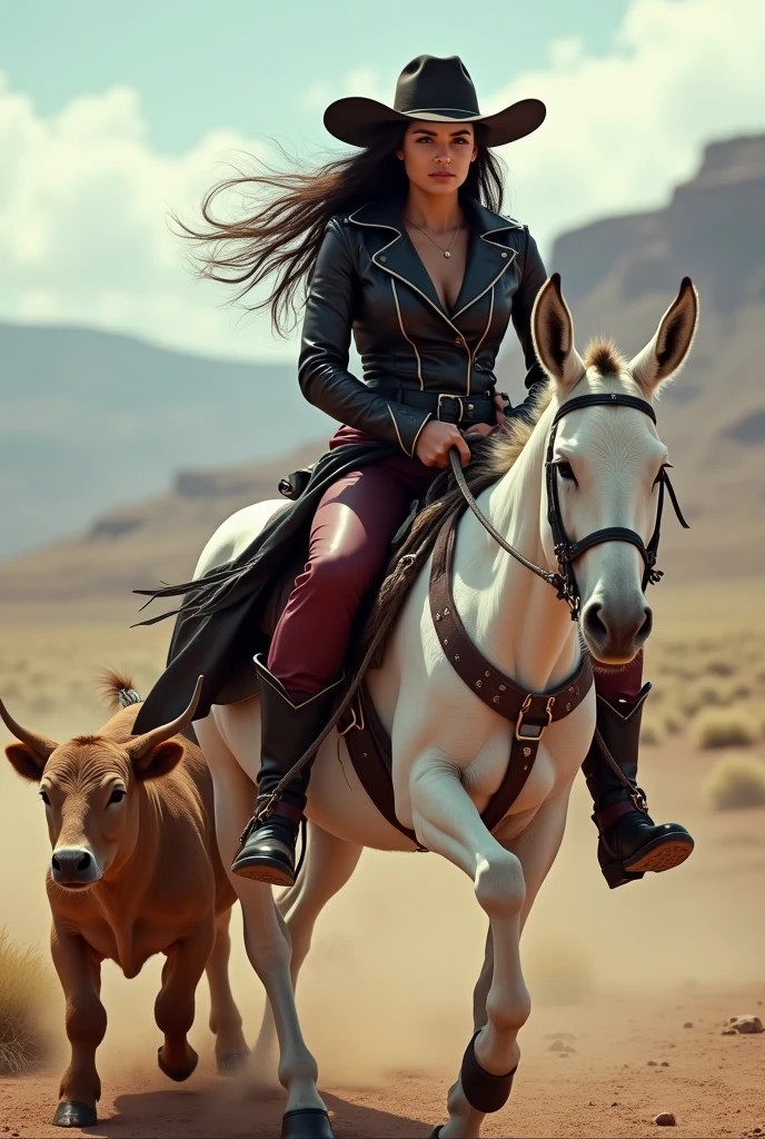 A beautiful smart Indian Cowgirl is riding a white donkey in a ground. She is well dressed in leather dark red suit pant , black leather collar up coat & black leather plain thigh high heeled boots . She is Pulling a wild calf with a rope. Focus on facial expressions & dashing outfit . 