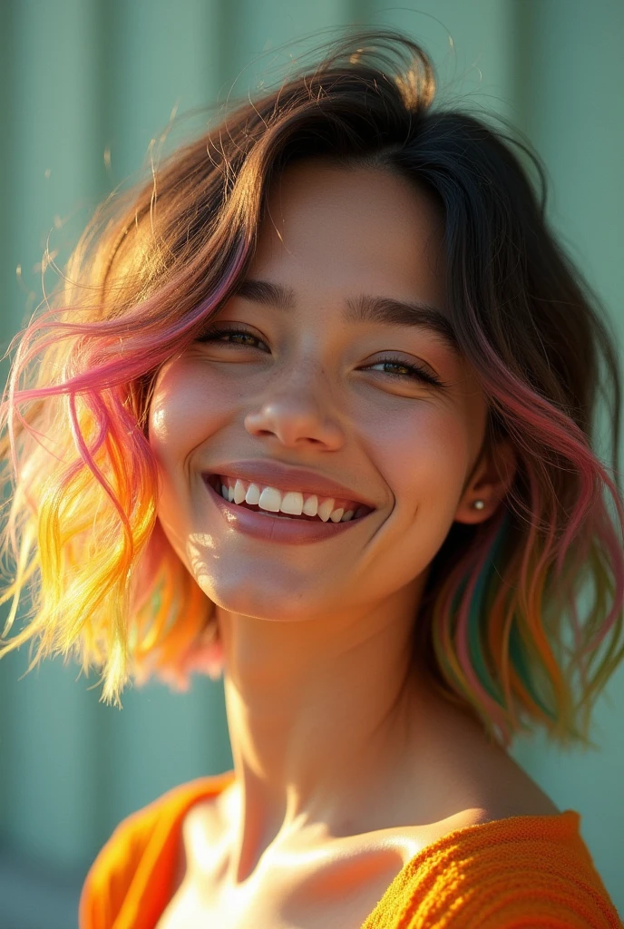 4k beautiful woman bob colorful hair color smiling golden ratio short sleeve soft natural skin fujicolor c200