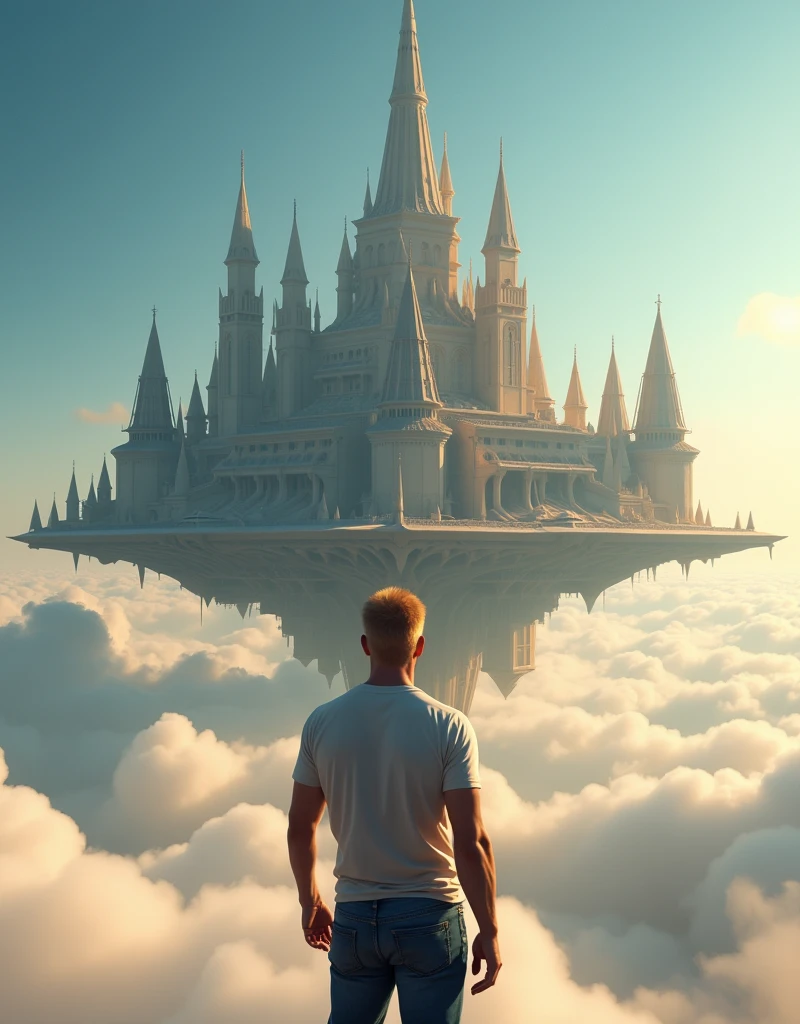 A cinematic medium shot of a athletic 46yr old man with strawberry-blonde hair wearing a t-shirt and jeans. Strong cinematic posture, back to the camera. He is standing knee-deep in clouds, between fluffy sunset clouds and looking at a magnificent fantasy city with intricate details. The city is floating in the air above the clouds. The background is a clear blue sky. The city has a heptagonal shape, with corner towers connected to the central part by galleries and passages. The city's design is gothick, strict yet graceful, combining futuristic and traditional architectural elements. It soars high in the sky in the air far away. The city has a fantasy look with a futuristic twist, and the flying towers serve as defense structures.
Hight contrast and ultra-detailed, ultrarealistic, 8k, HDR