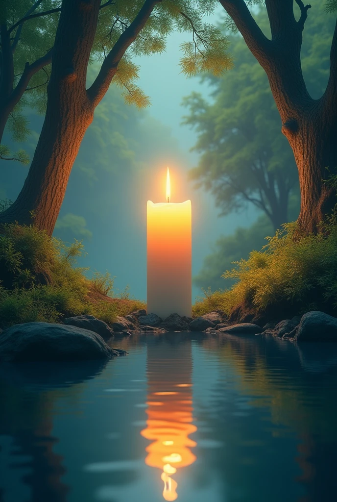Create a candle image with trees and water.