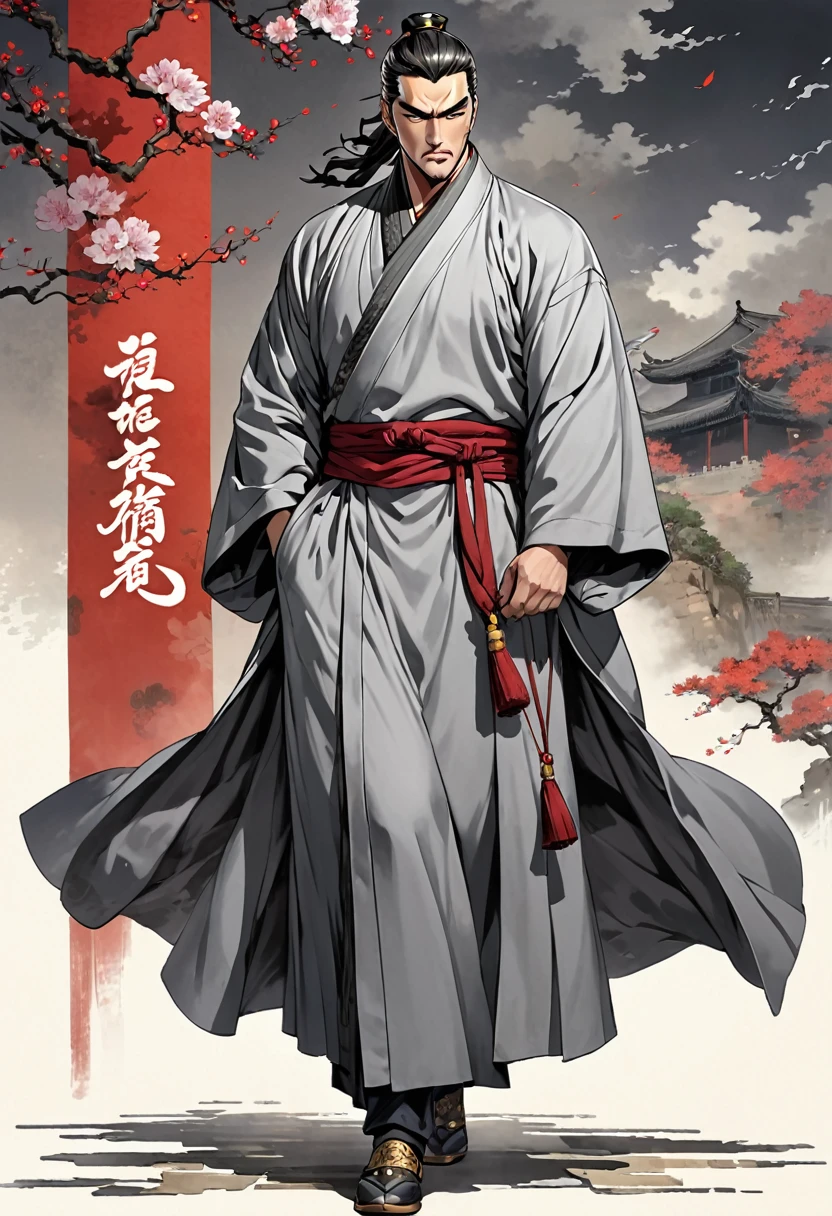 Gray clothes, china, Three Kingdoms Jojo, Long robe, middle aged man, Full body exposed, Looking to the side, Don&#39;t turn your head, china 전통 의상, Only one person comes out, Monochromatic clothes