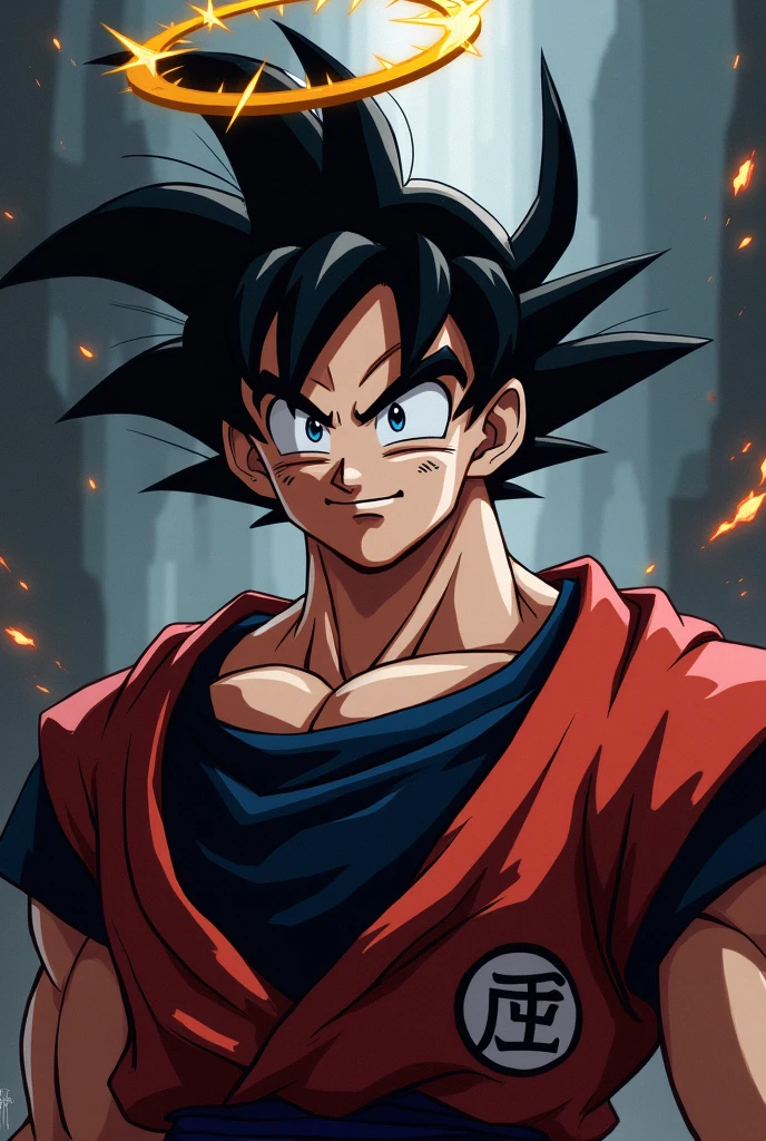 Smiling demon Goku who has horns and an angel crown but in anime with black and red clothes and his eyes are black in the middle of blue