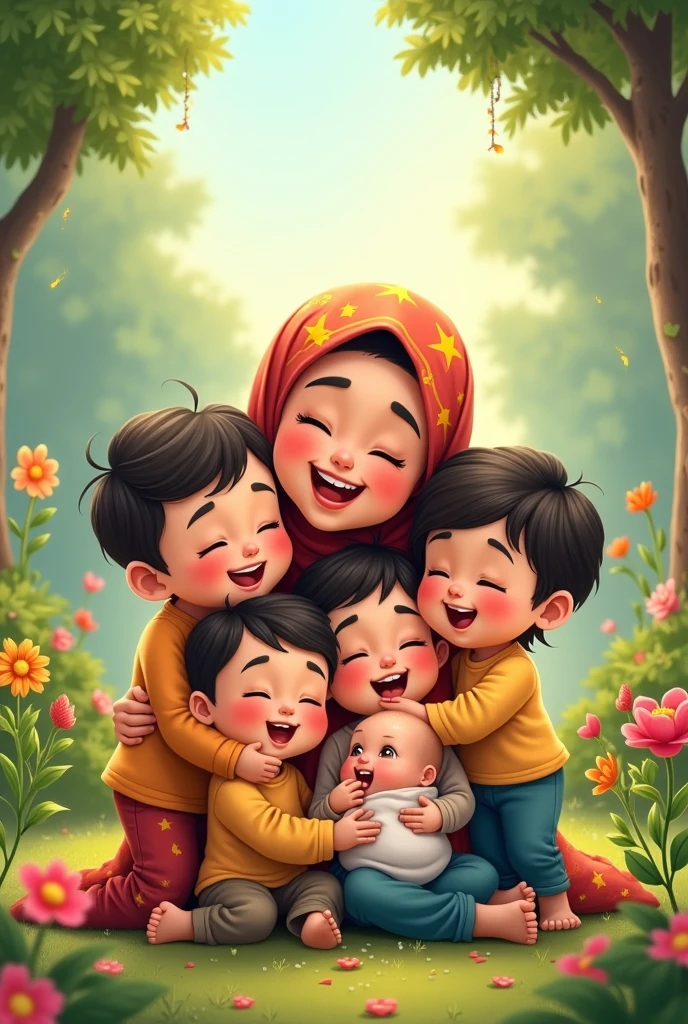 Carroon ilustrated of cute mama , wearing hijab, with boy age 10, boy age 7 , boy age 4, baby girl age 1. Hug, laugh, smile, joy, garden flower 